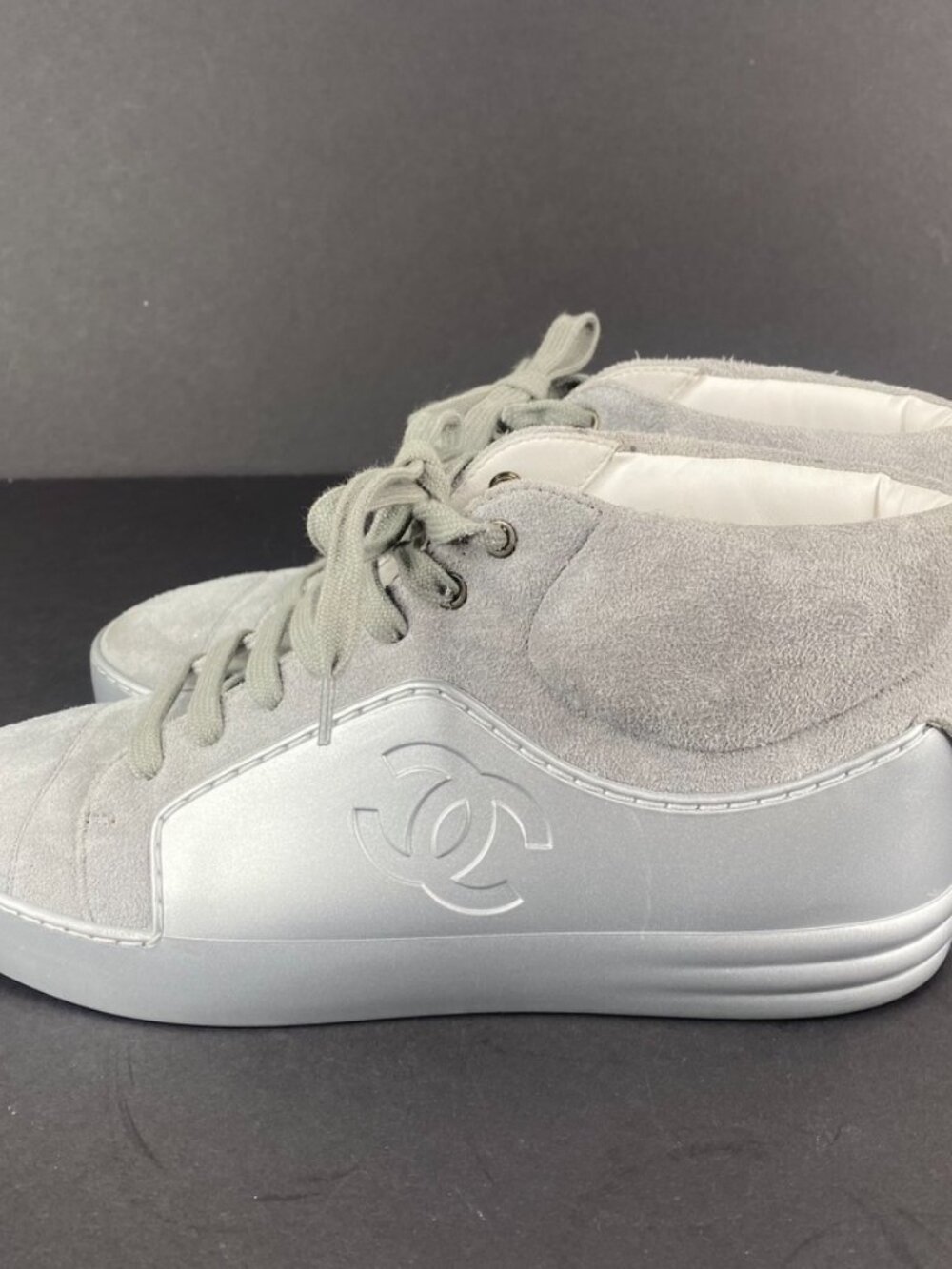 Chanel Grey Silver Suede Rubber CC High Top Sneakers Size 37.5 - Picture 5 of 12